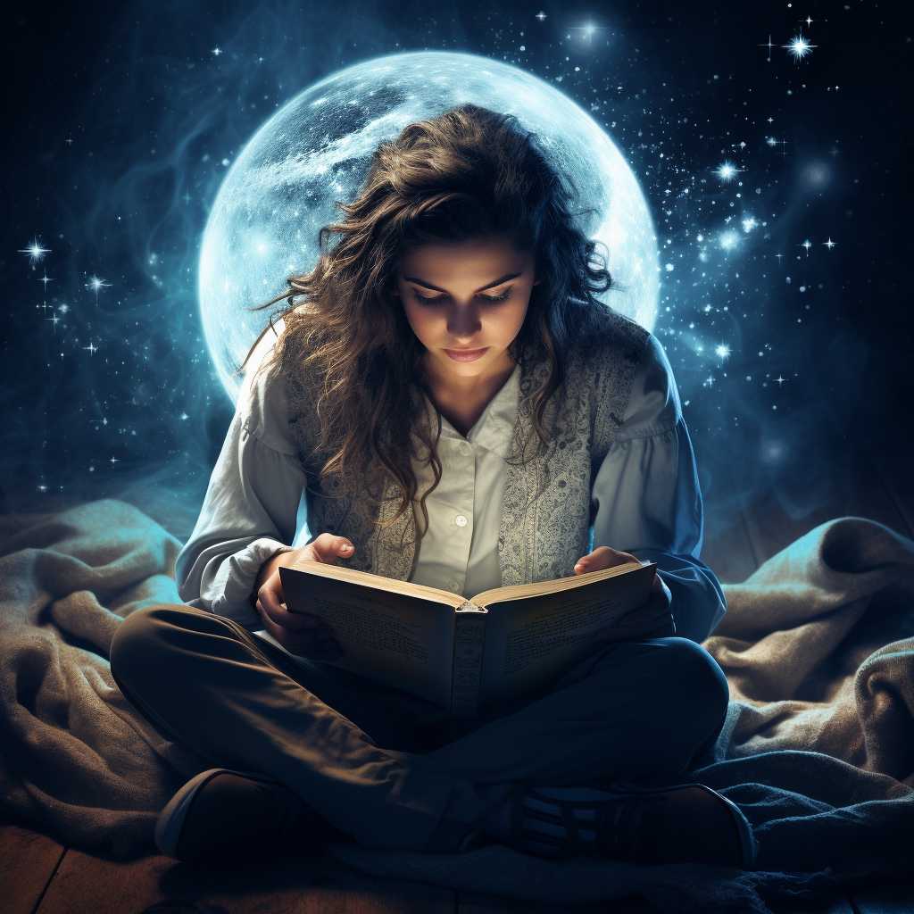 Lady reading under a glowing moon